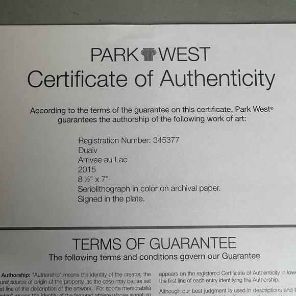 2015 Print DUAIV Arrivee Au Lac French Landscape COA - Picture 6 of 7